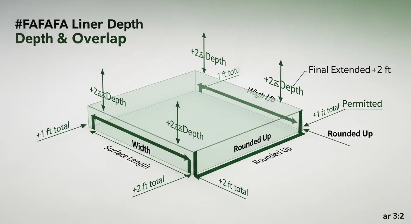 Pond liner calculator depth and overlap formula visualized in cross-section diagram