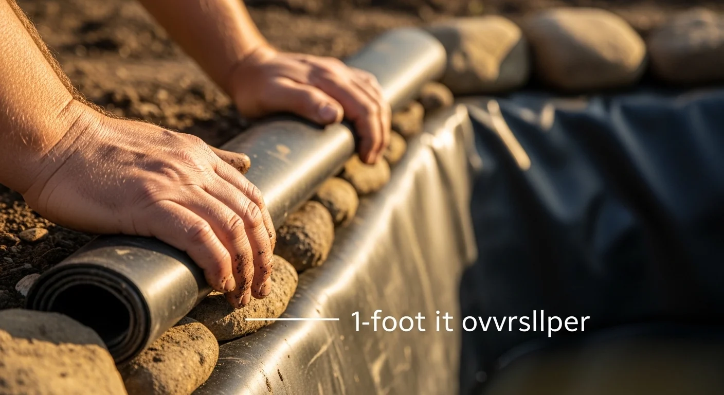 Gardener hands installing pond liner with correct overlap after using pond liner calculator