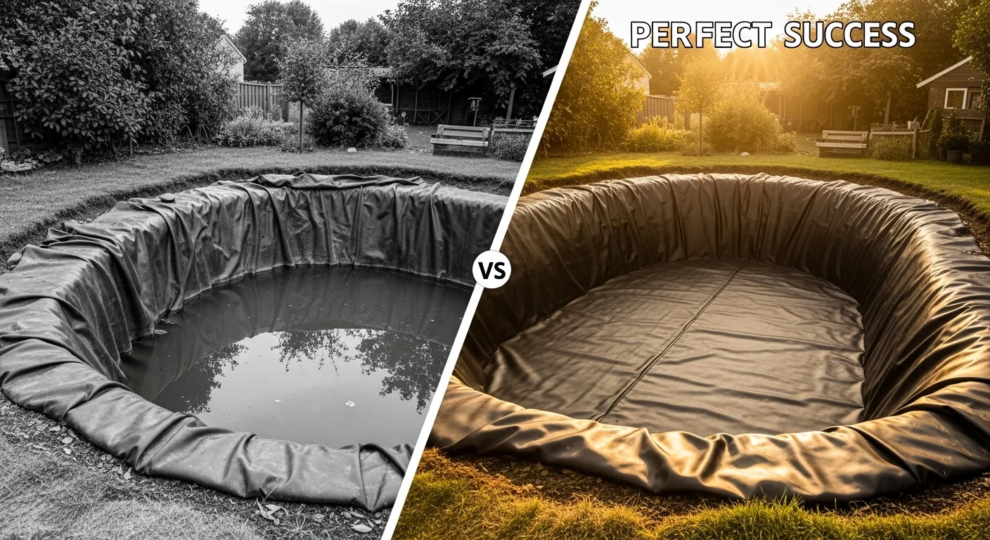 Failed vs successful EPDM pond liner installation showing the critical difference in material coverage