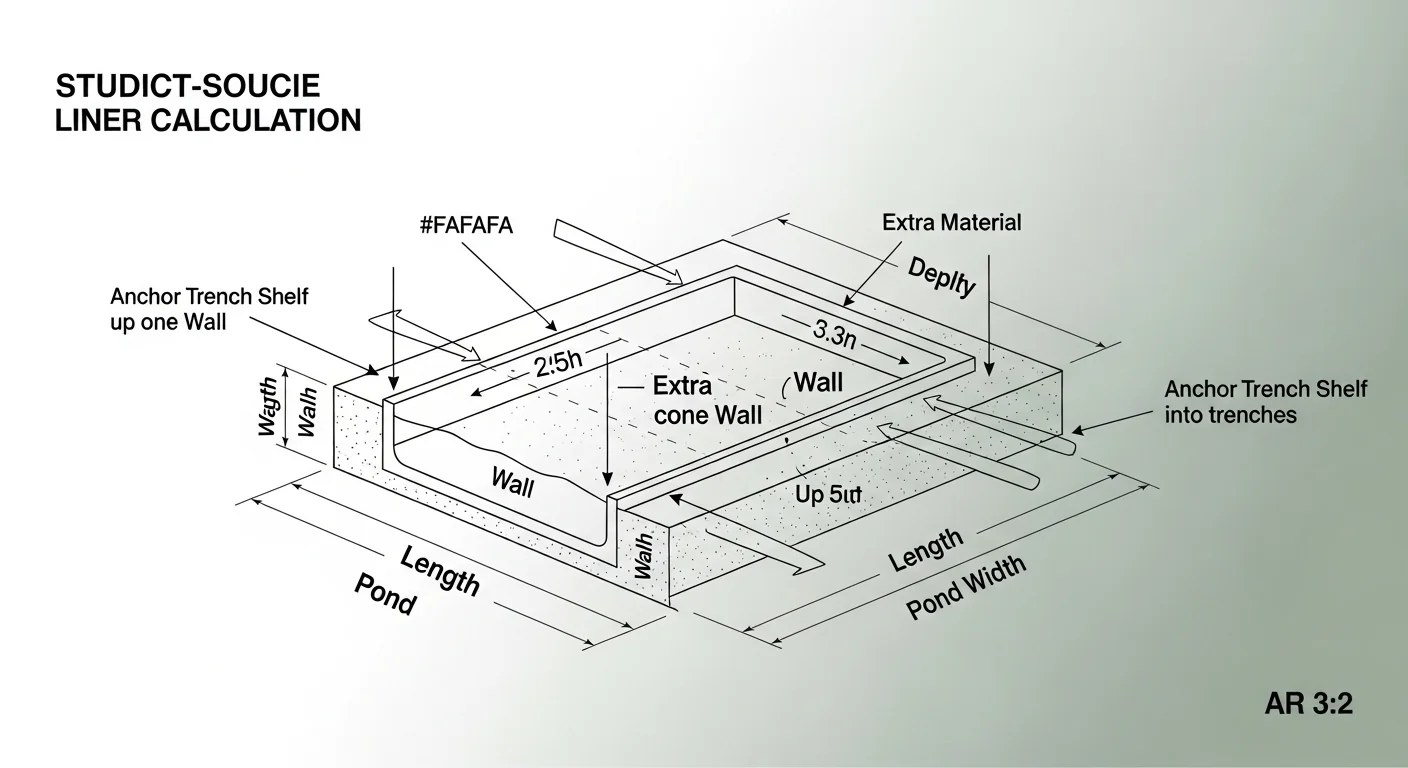 3D cross-section diagram showing depth times two rule plus anchor trench for correct EPDM pond liner sizing