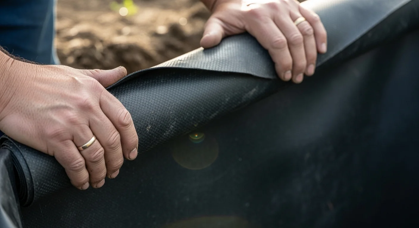 Gardener hands installing properly sized EPDM pond liner with correct anchor trench overhang