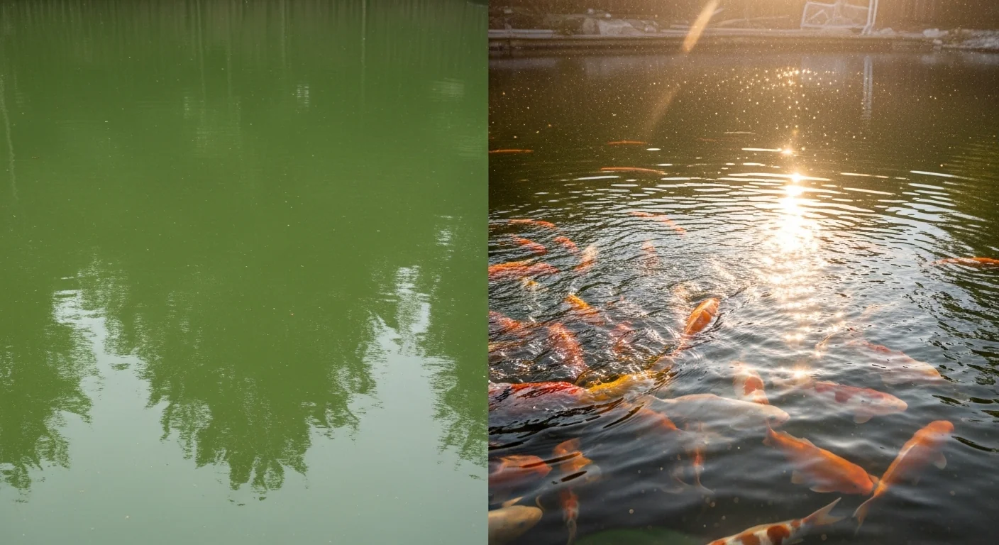 Side-by-side comparison of murky green pond water vs clear water using Pond UV Clarifier Sizing Calculator.