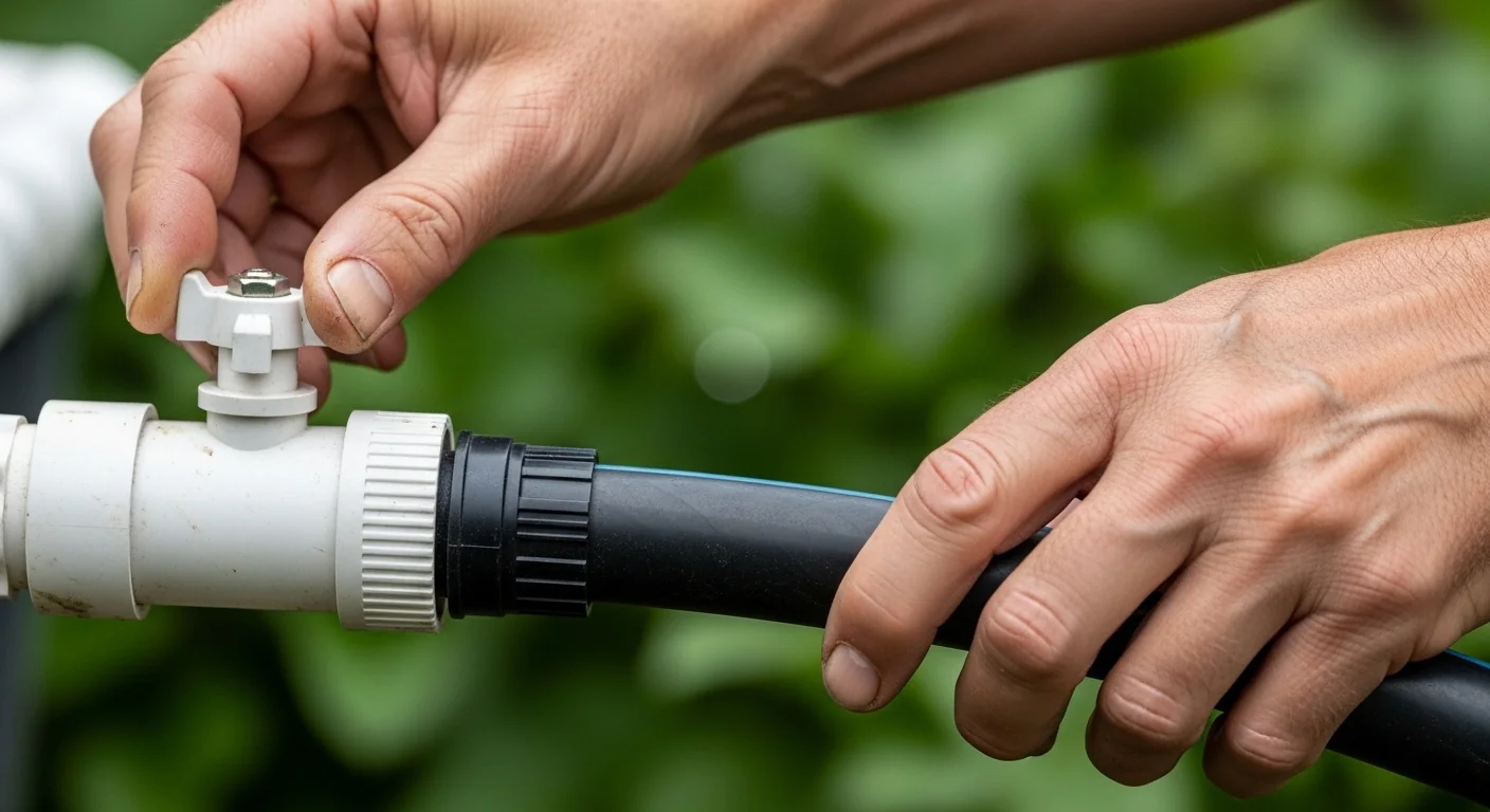 Gardener adjusting a PVC ball valve to control flow for a Pond UV Clarifier Sizing Calculator.