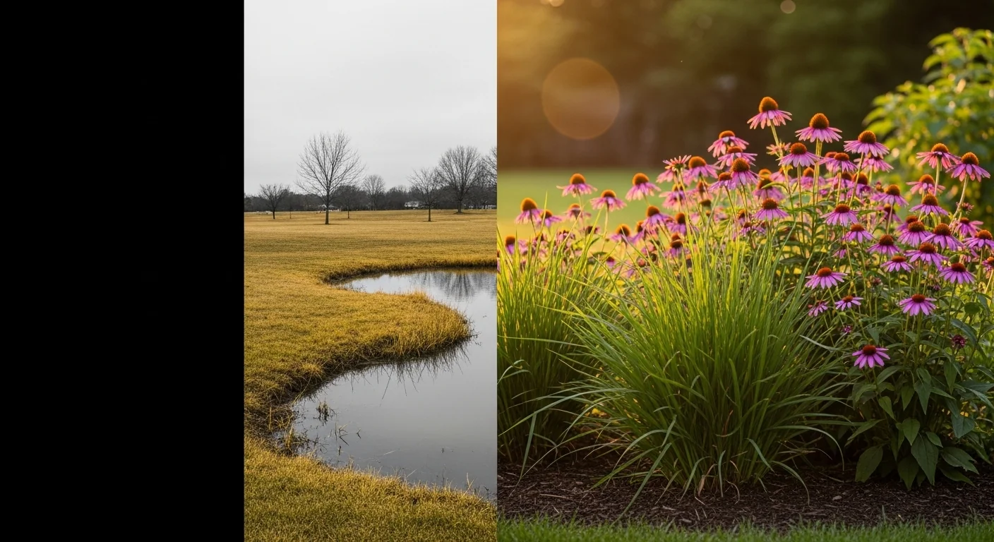 A Rain Garden Sizing Calculator comparison showing stagnant water versus a healthy native plant garden.
