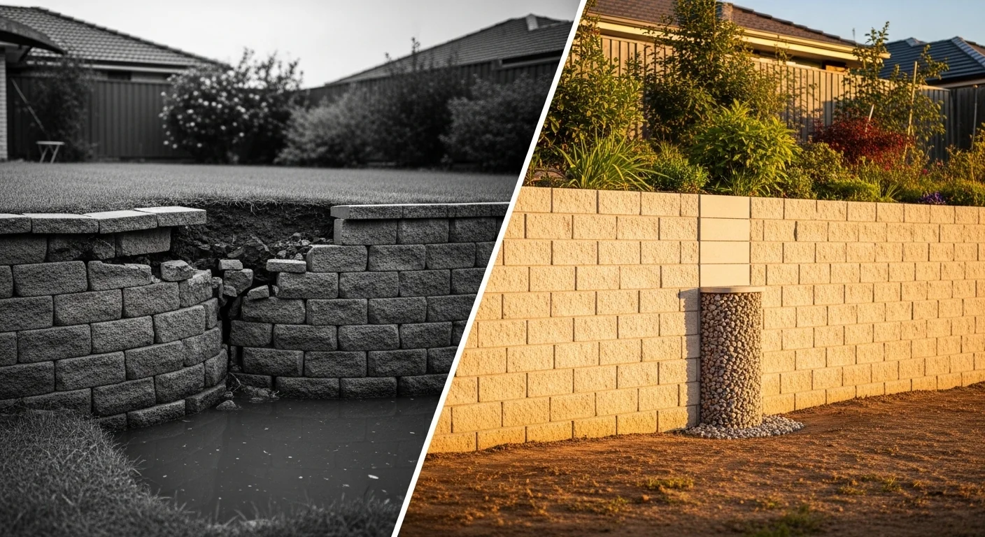 Retaining wall calculator before and after showing failure from trapped water versus stable drained wall