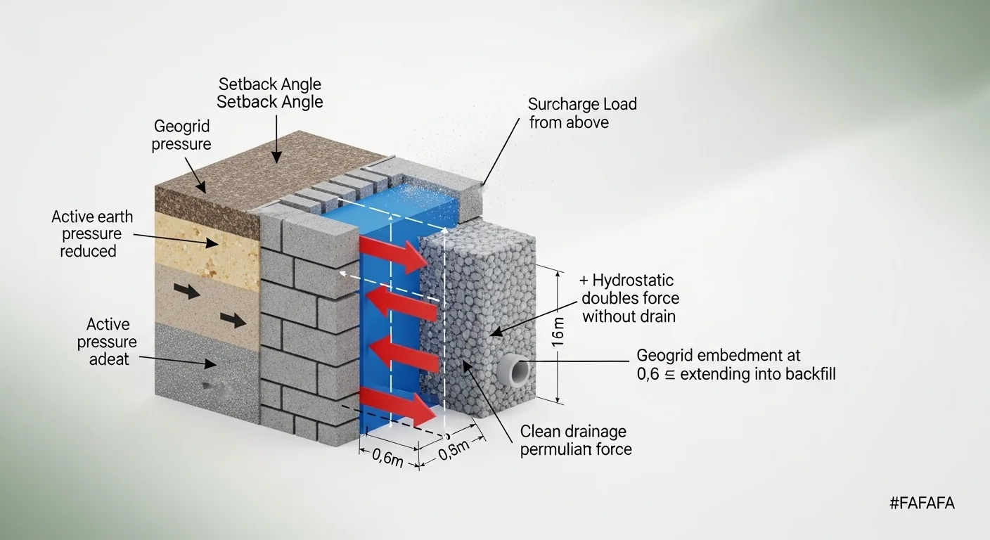 Retaining wall calculator diagram showing active pressure, hydrostatic force from water, and drainage elimination