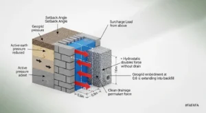 Retaining wall calculator diagram showing active pressure, hydrostatic force from water, and drainage elimination