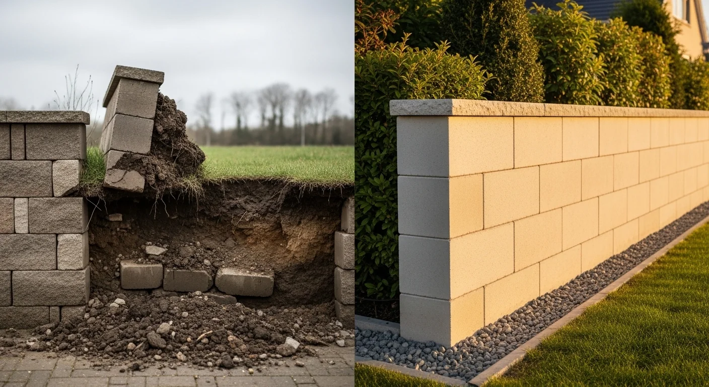 Retaining wall block calculator showing failing wall versus stable constructed wall
