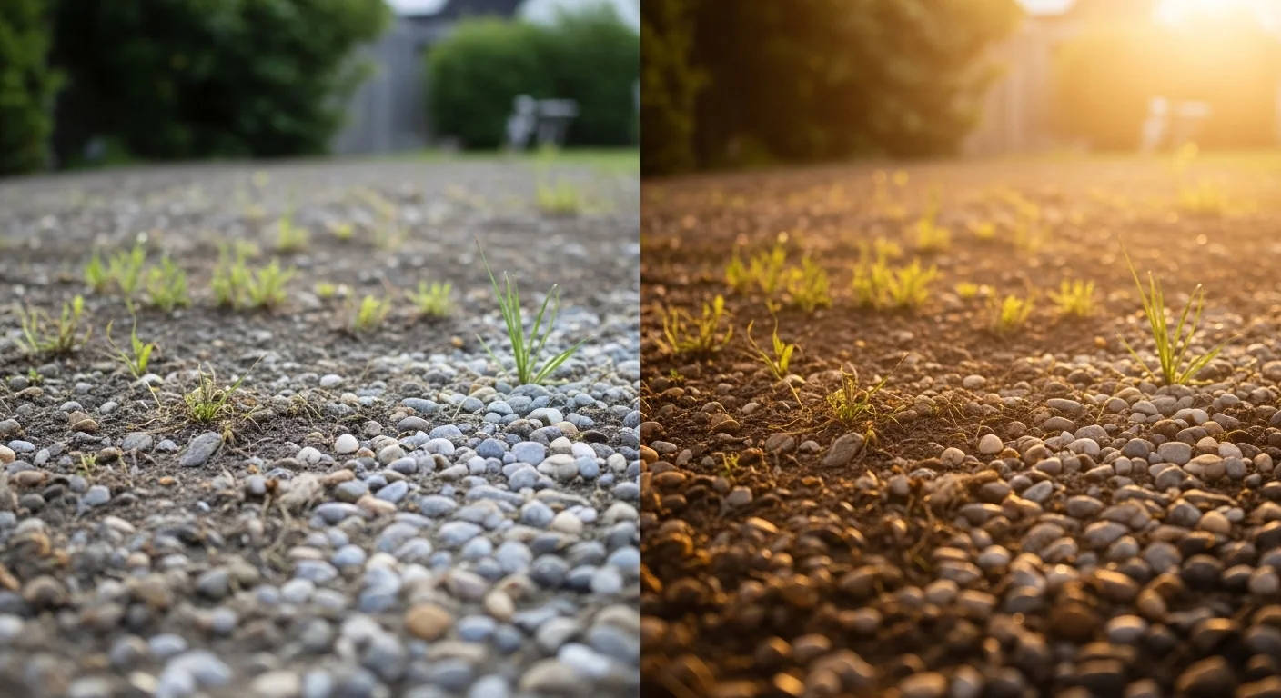 River rock calculator before and after showing thin weedy coverage versus proper thick weed-free layer