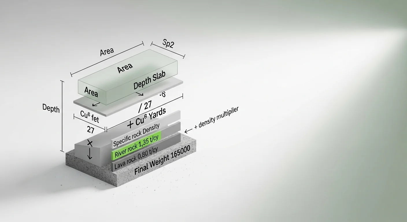 River rock calculator diagram showing area and depth conversion to cubic yards then multiplied by rock density for weight