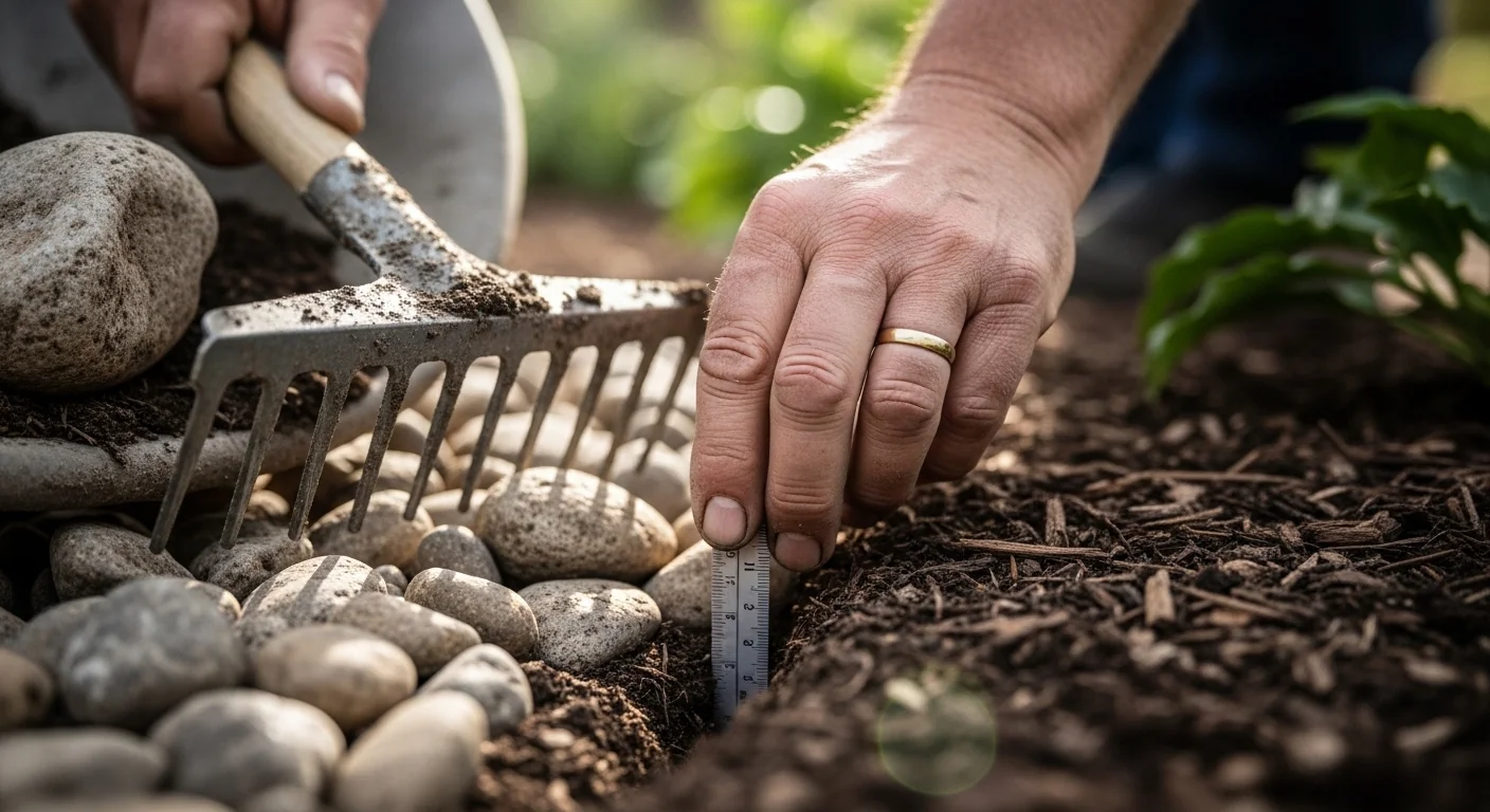 Gardener hands spreading calculated river rock at proper depth in landscape bed using the river rock calculator results