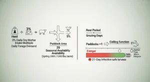 3D diagram explaining paddock size and 21-day parasite rest calculation in rotational grazing paddock calculator