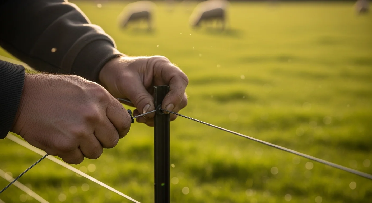 Hands installing temporary fencing for calculated paddock size in rotational grazing system
