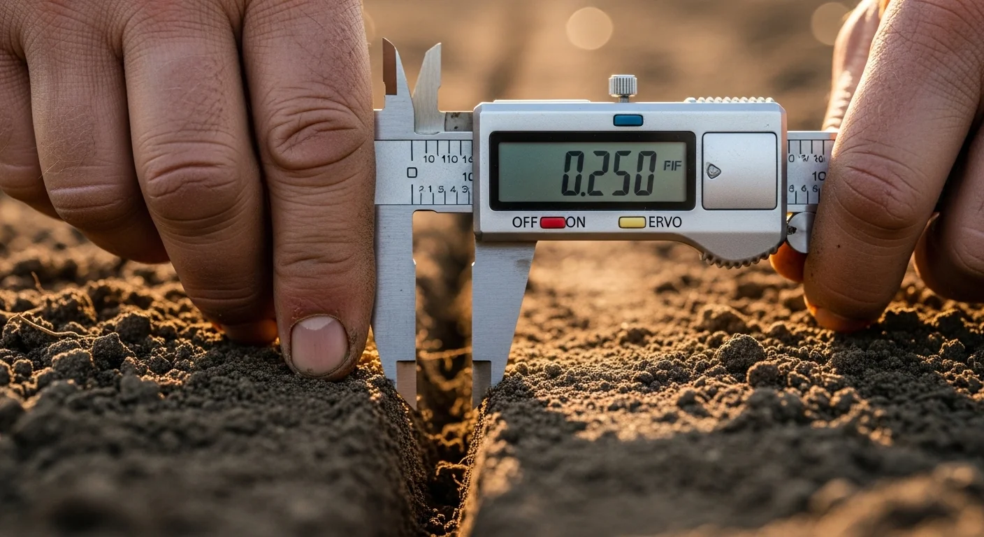 Hands measuring soil furrow depth with a caliper to verify Slit Seeder Calculator output.