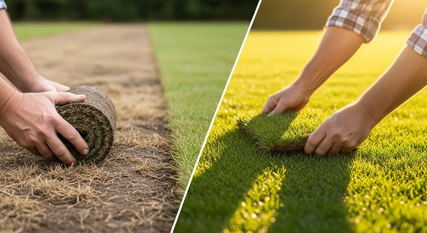 Sod roll estimator showing patchy failed lawn versus full healthy coverage