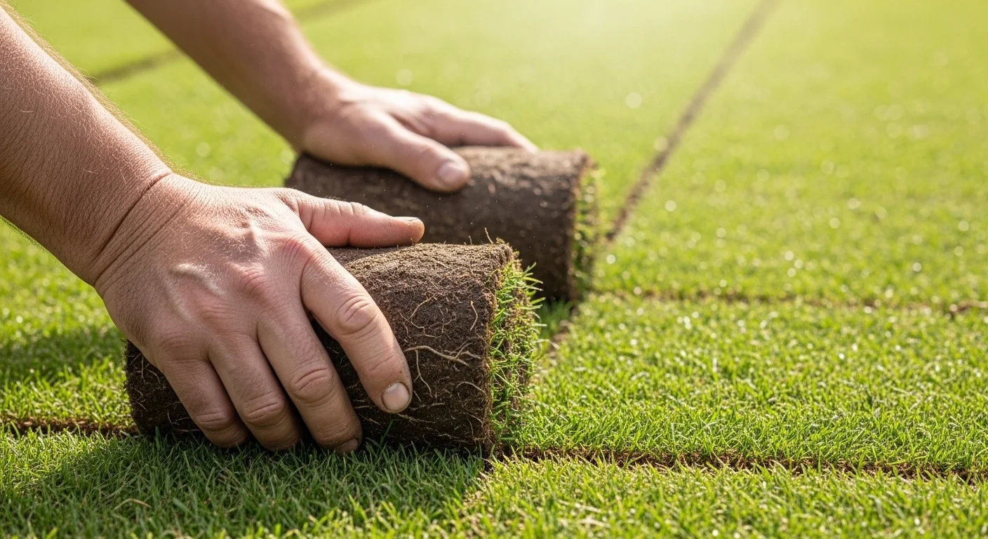 Gardener hands laying sod rolls calculated by the sod roll estimator