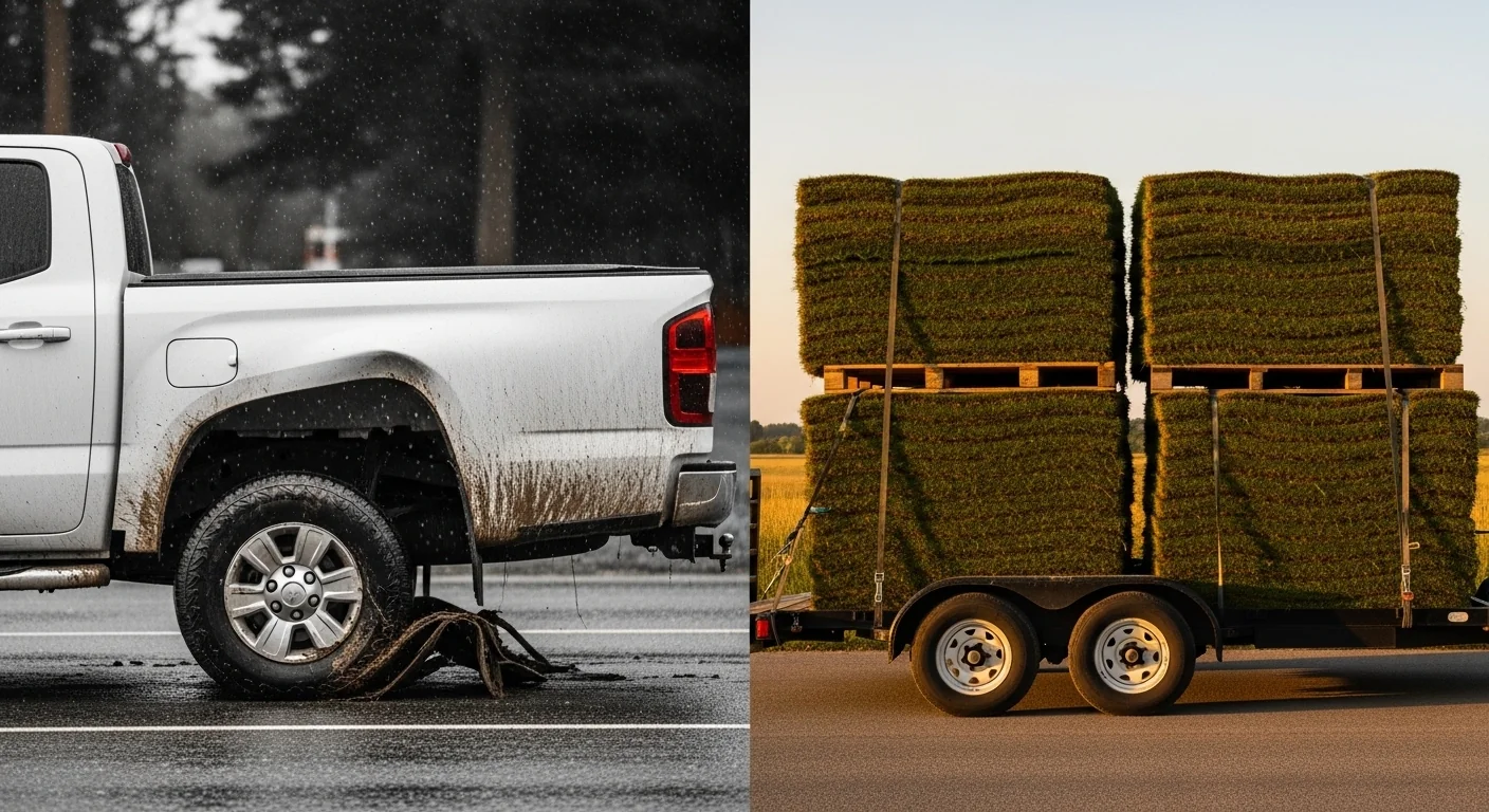 A split-screen comparison showing an overloaded rainy truck versus a safe Sod Pallet Calculator load.