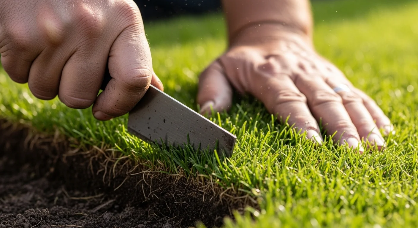 Hands trimming fresh grass slabs after calculating requirements with the Sod Pallet Calculator.