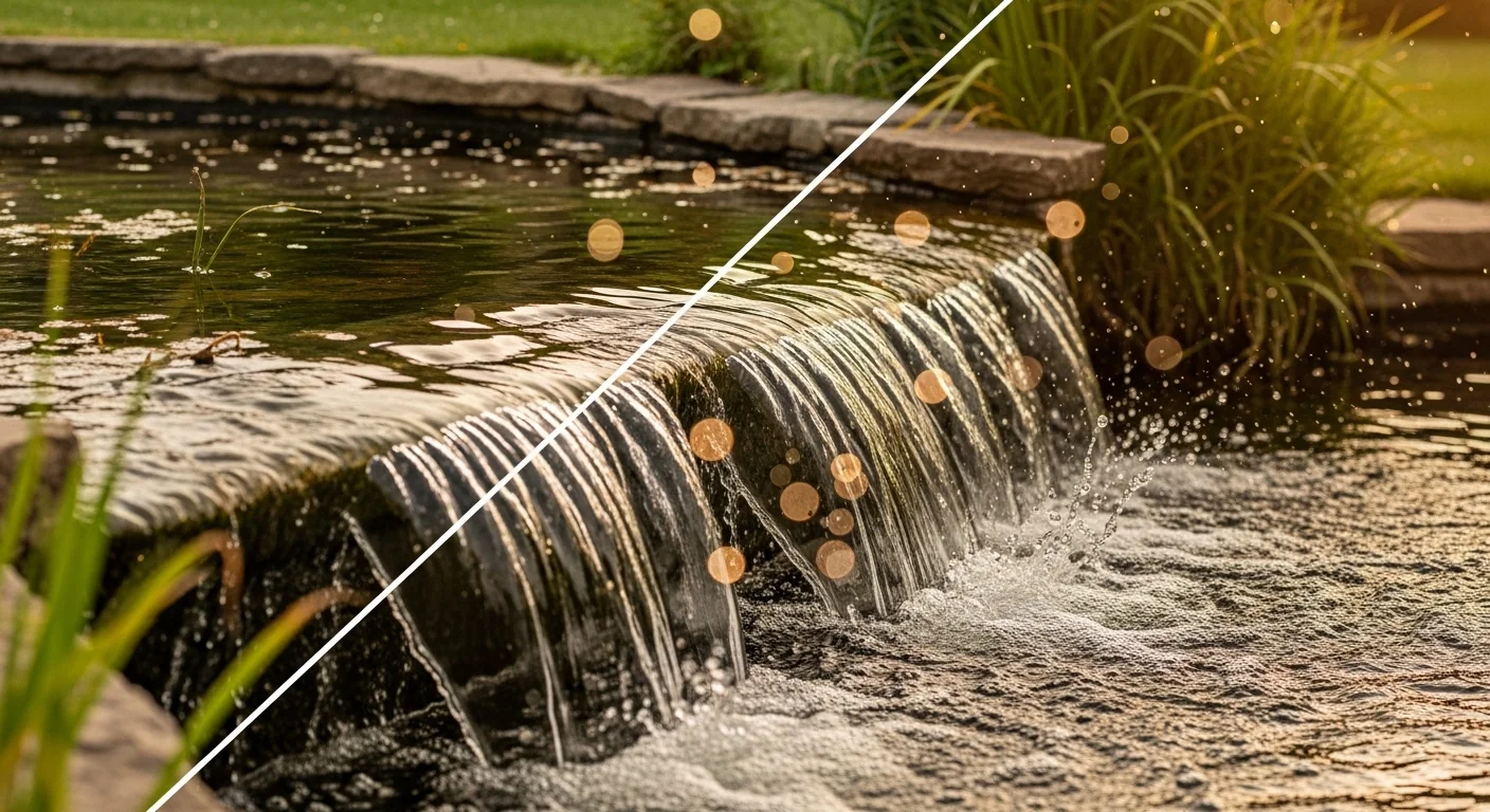 Solar pump calculator showing weak flow versus strong healthy waterfall cascade