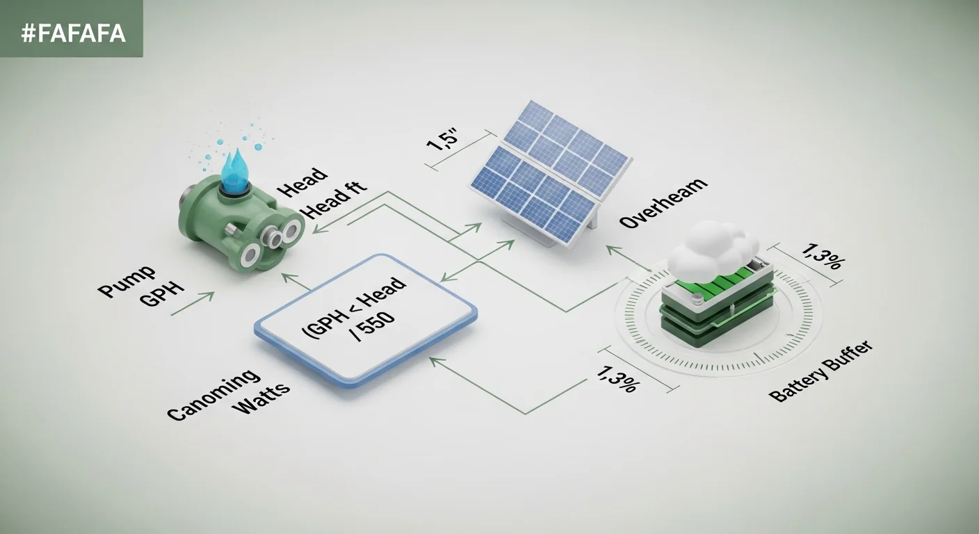 Solar pump calculator logic diagram showing watts calculation, 1.5x panel overhead and cloudy day battery buffer