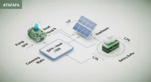 Solar pump calculator logic diagram showing watts calculation, 1.5x panel overhead and cloudy day battery buffer