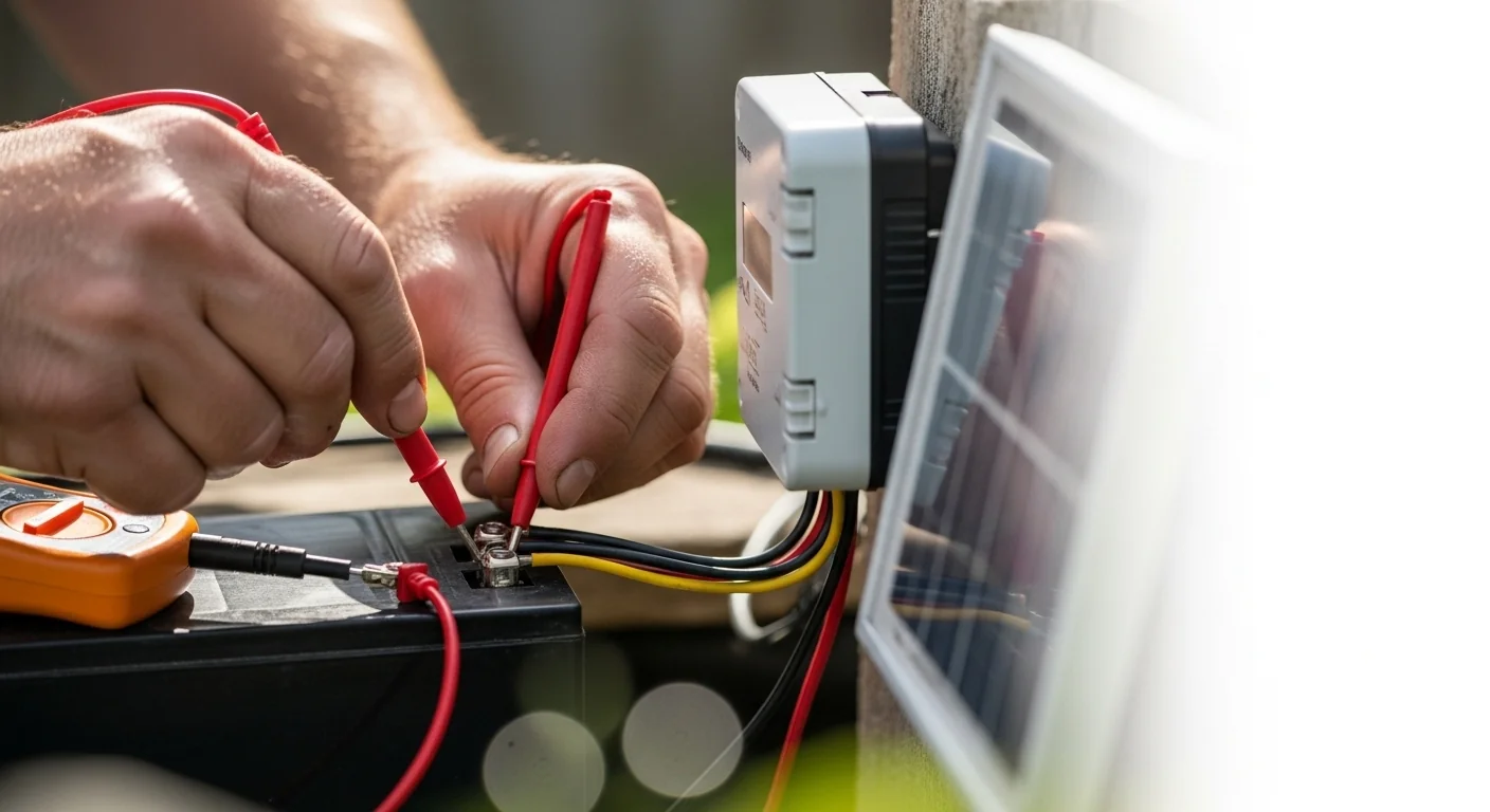 Gardener installing solar panel and battery for pond pump after using solar pump calculator