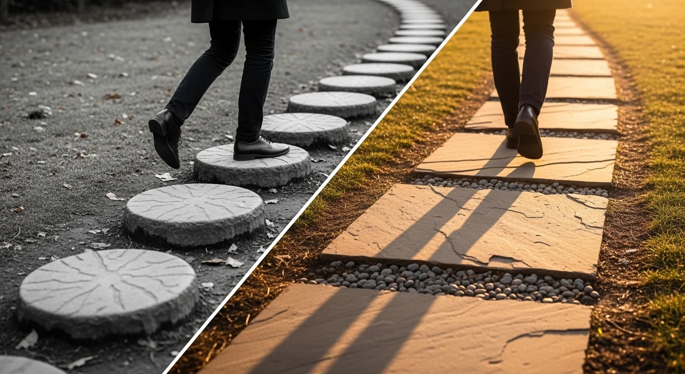 Stepping stone stride spacing calculator before and after showing hazardous wide gaps versus safe comfortable spacing