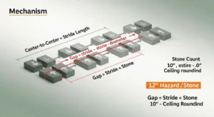 Stepping stone stride spacing calculator logic showing gap calculation and 12-inch hazard threshold