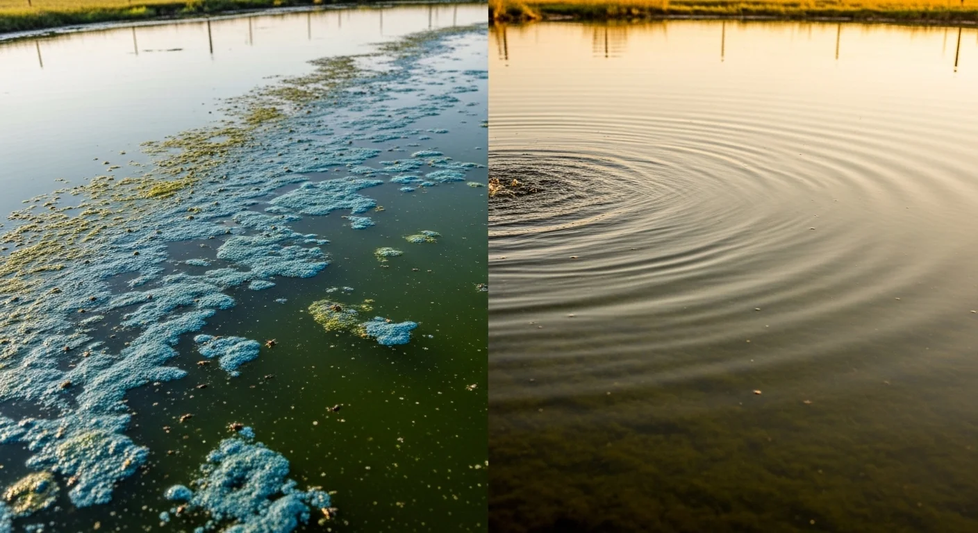 Stock tank algae calculator before and after showing murky toxic water versus clean aerated trough for livestock