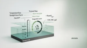 Stock tank algae calculator stagnation index and bloom trigger visualized with temperature sunlight runoff and turnover factors