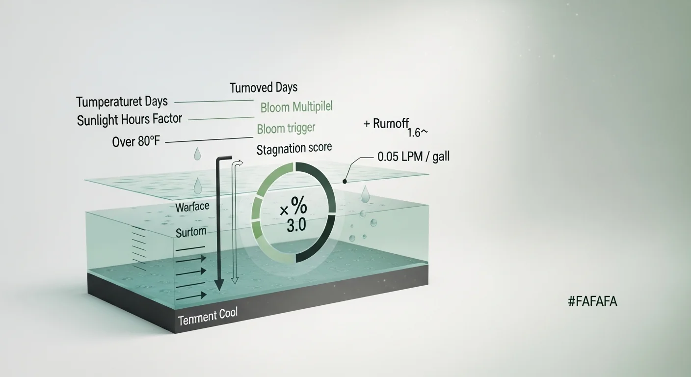 Stock tank algae calculator stagnation index and bloom trigger visualized with temperature sunlight runoff and turnover factors