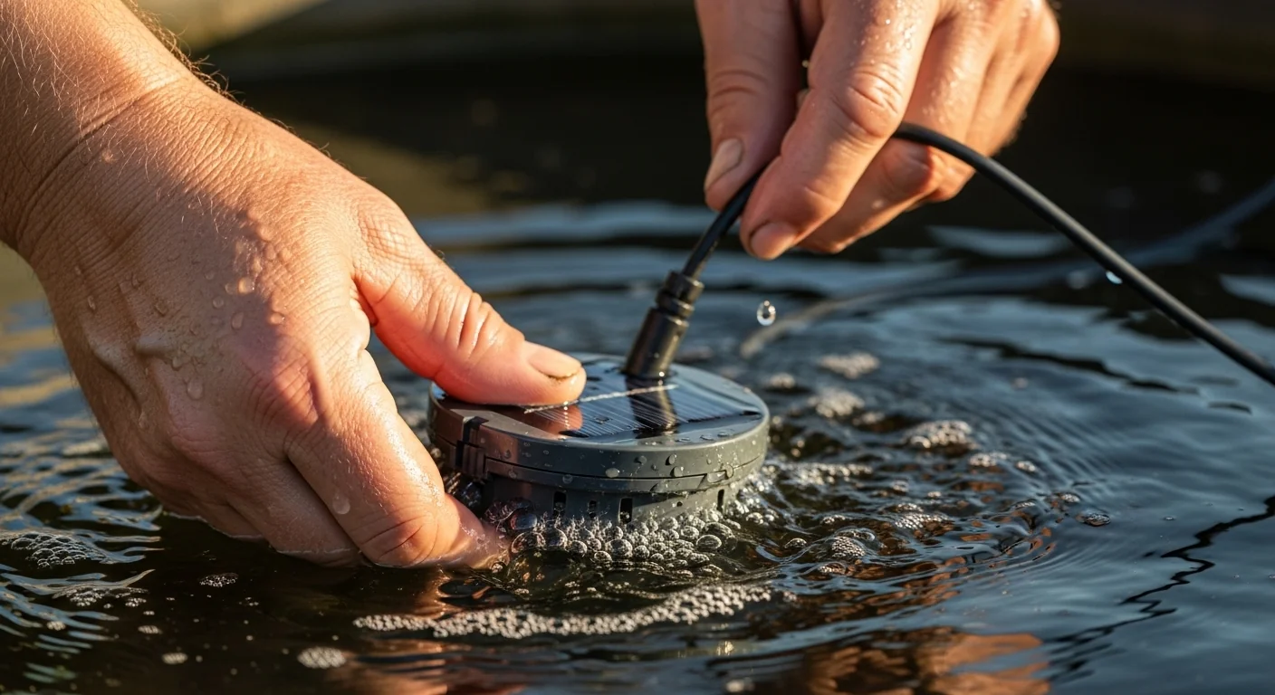Installing solar aerator in stock tank after using stock tank algae calculator to prevent cyanobacteria blooms