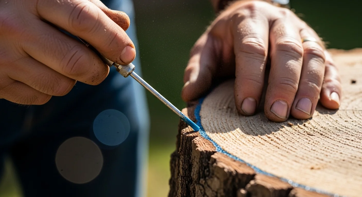 Hands applying herbicide to a stump using results from a Stump Killer Mixture Ratio Calculator.