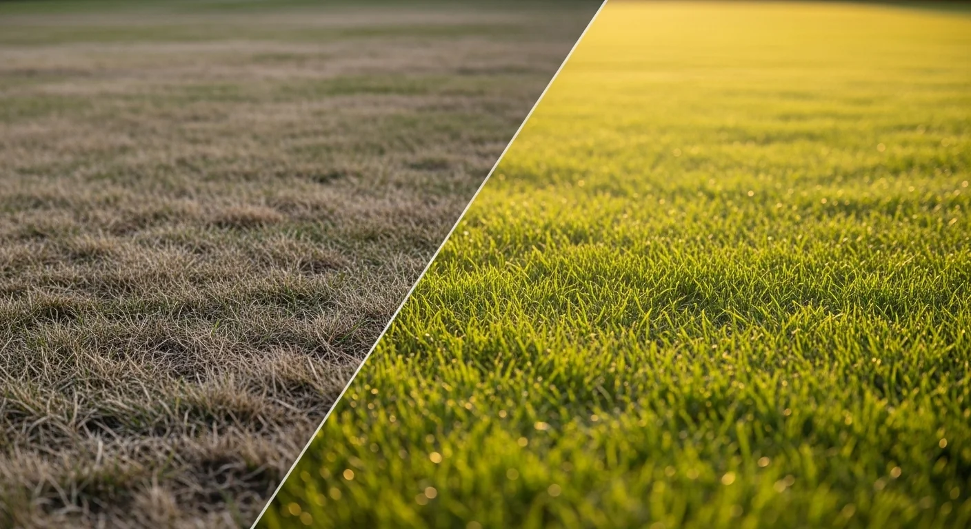 Before and after lawn topdressing showing dead smothered turf versus healthy green grass