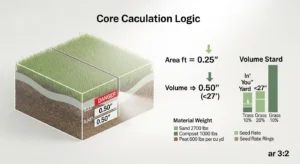 Lawn topdressing calculator diagram showing 0.50 inch safe depth limit, cubic yard volume conversion, and seed rates