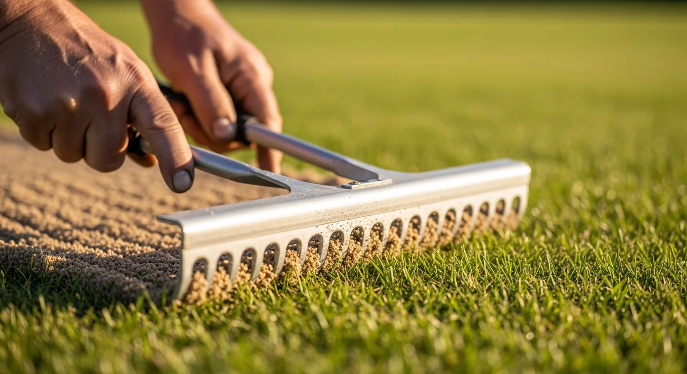 Gardener using leveling rake to spread calculated topdressing material evenly on lawn
