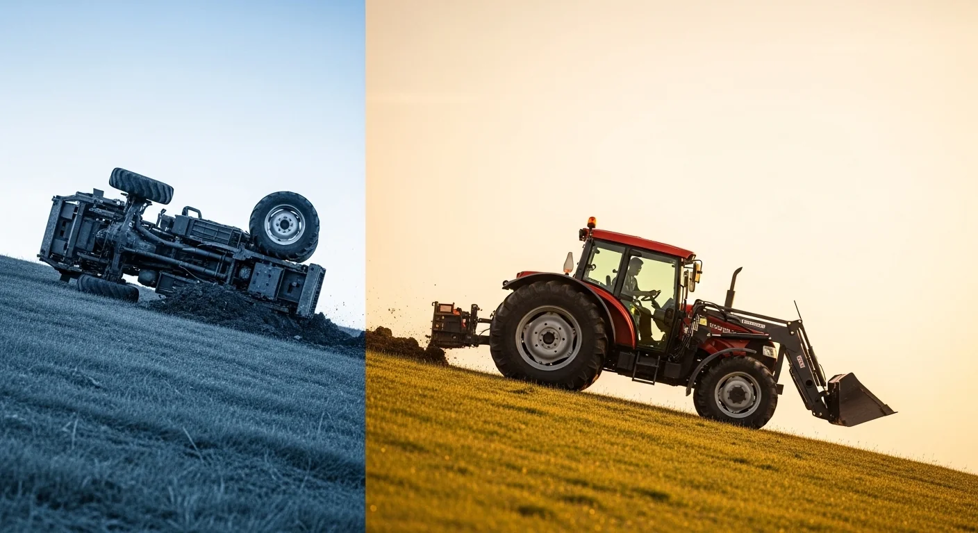 Tractor side slope calculator showing rollover danger versus safe stable operation on the same hillside