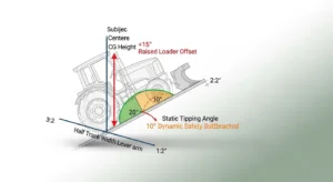 Tractor side slope calculator secret sauce diagram showing static tipping angle, raised loader CG penalty and 10 degree dynamic margin