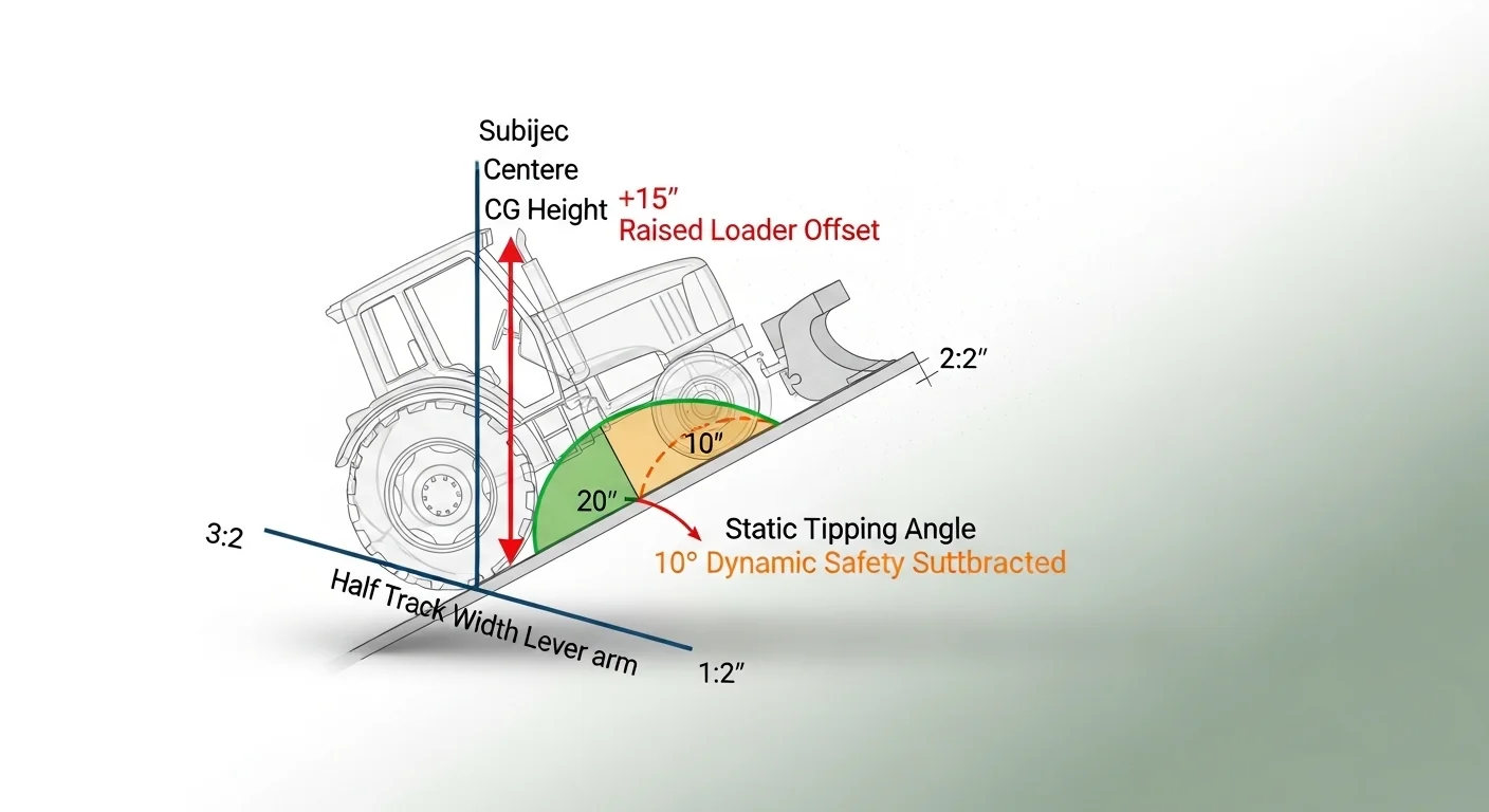 Tractor side slope calculator secret sauce diagram showing static tipping angle, raised loader CG penalty and 10 degree dynamic margin