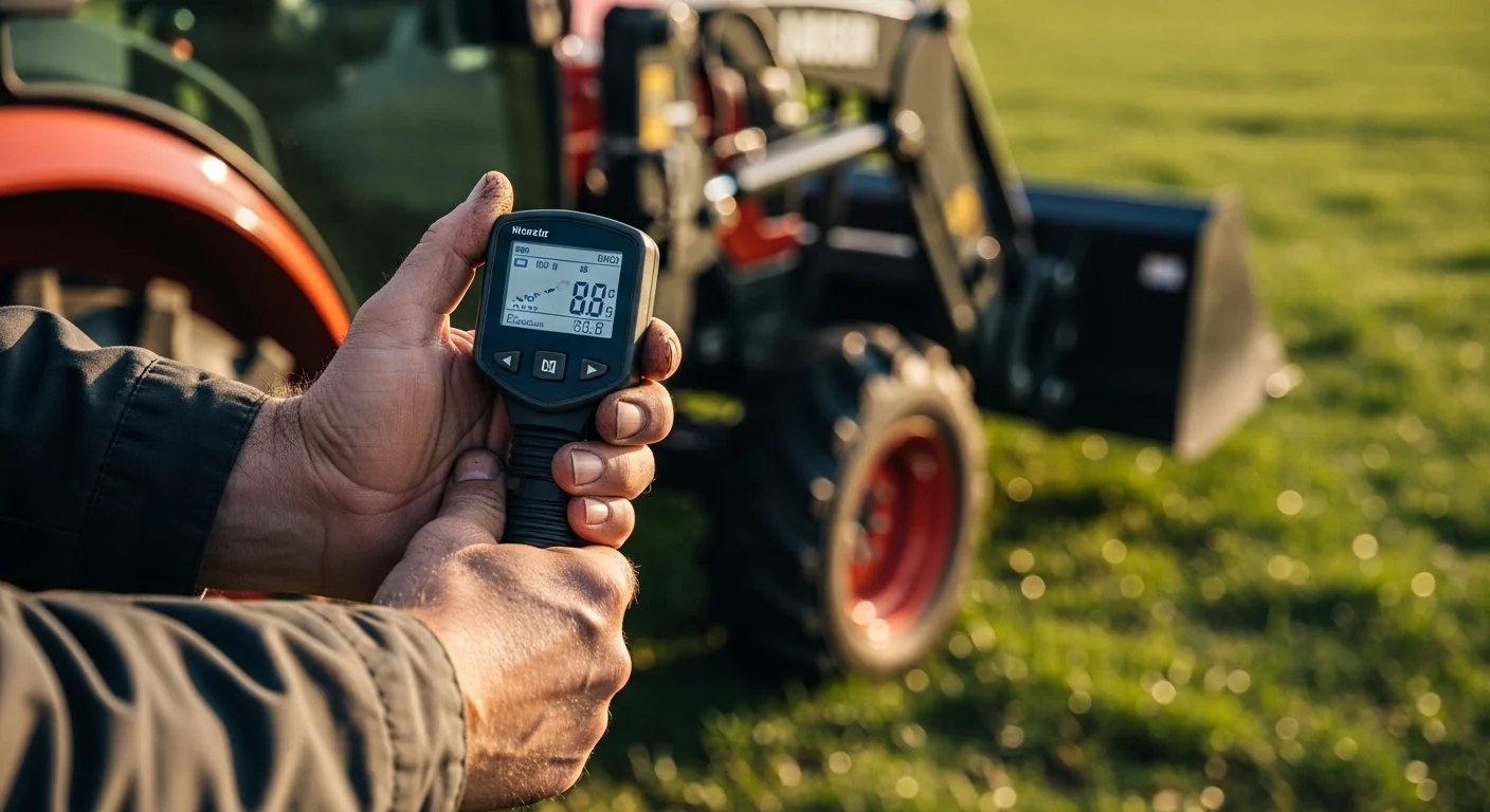Tractor side slope calculator in real use with inclinometer measuring slope before safe operation