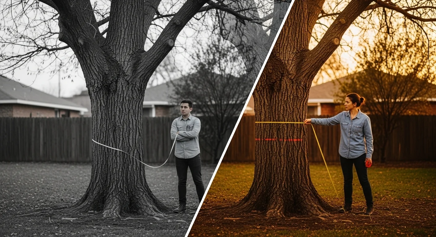 Tree age calculator before and after showing confusion versus confident measurement at breast height