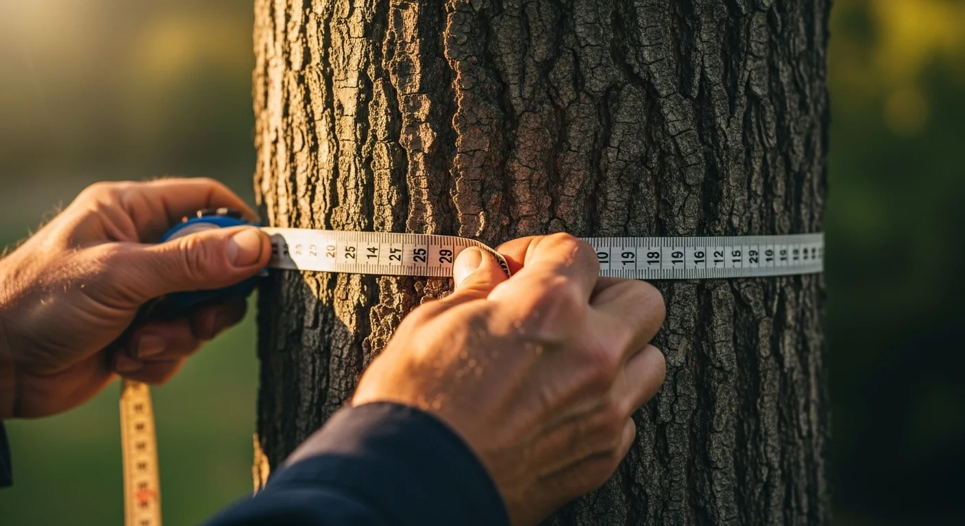 Gardener hands measuring tree trunk circumference at 4.5 feet for tree age calculator