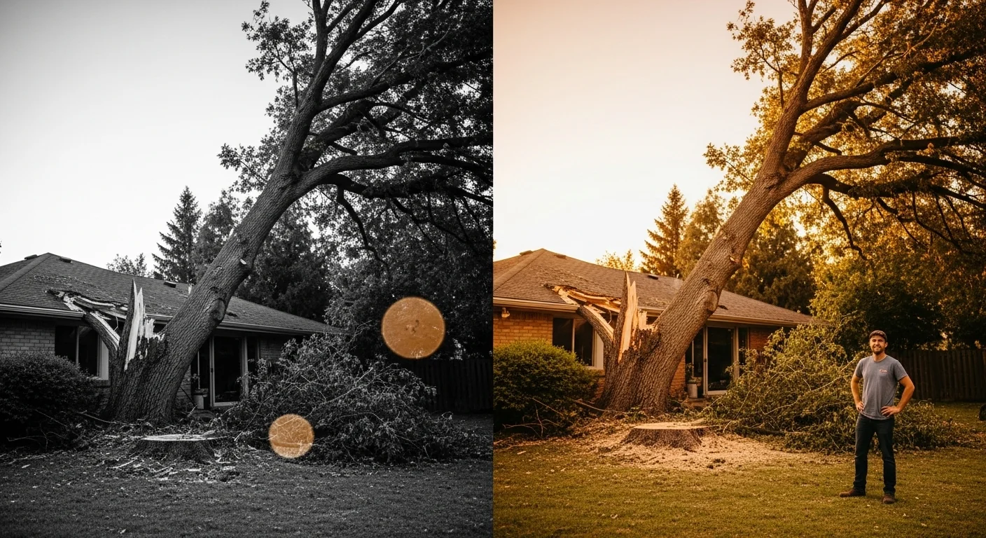 Tree height calculator showing danger of unknown fall radius versus safe cleared space after accurate measurement