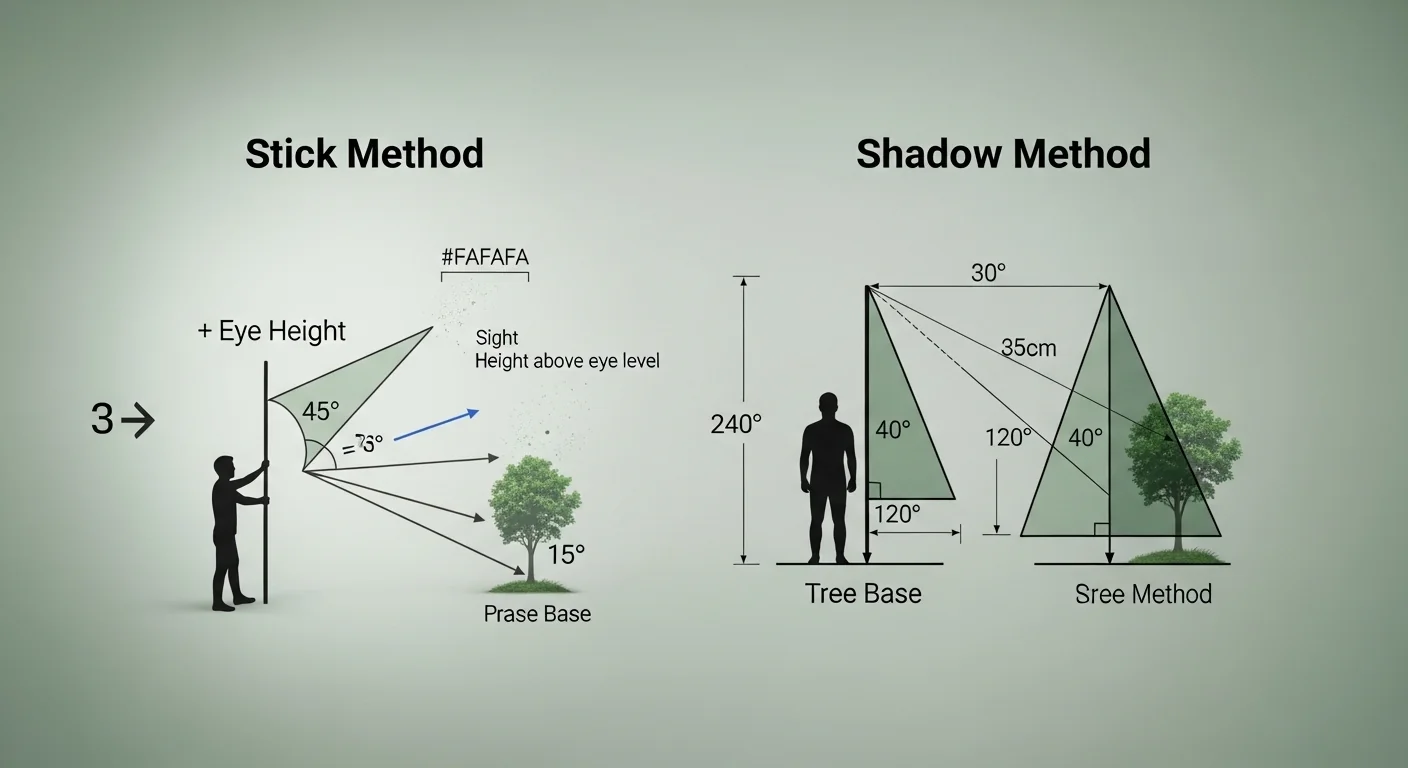 Tree height calculator logic showing 45 degree stick method and similar triangles shadow method