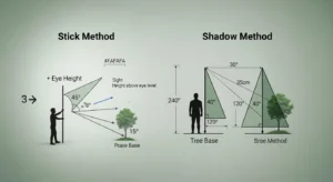 Tree height calculator logic showing 45 degree stick method and similar triangles shadow method