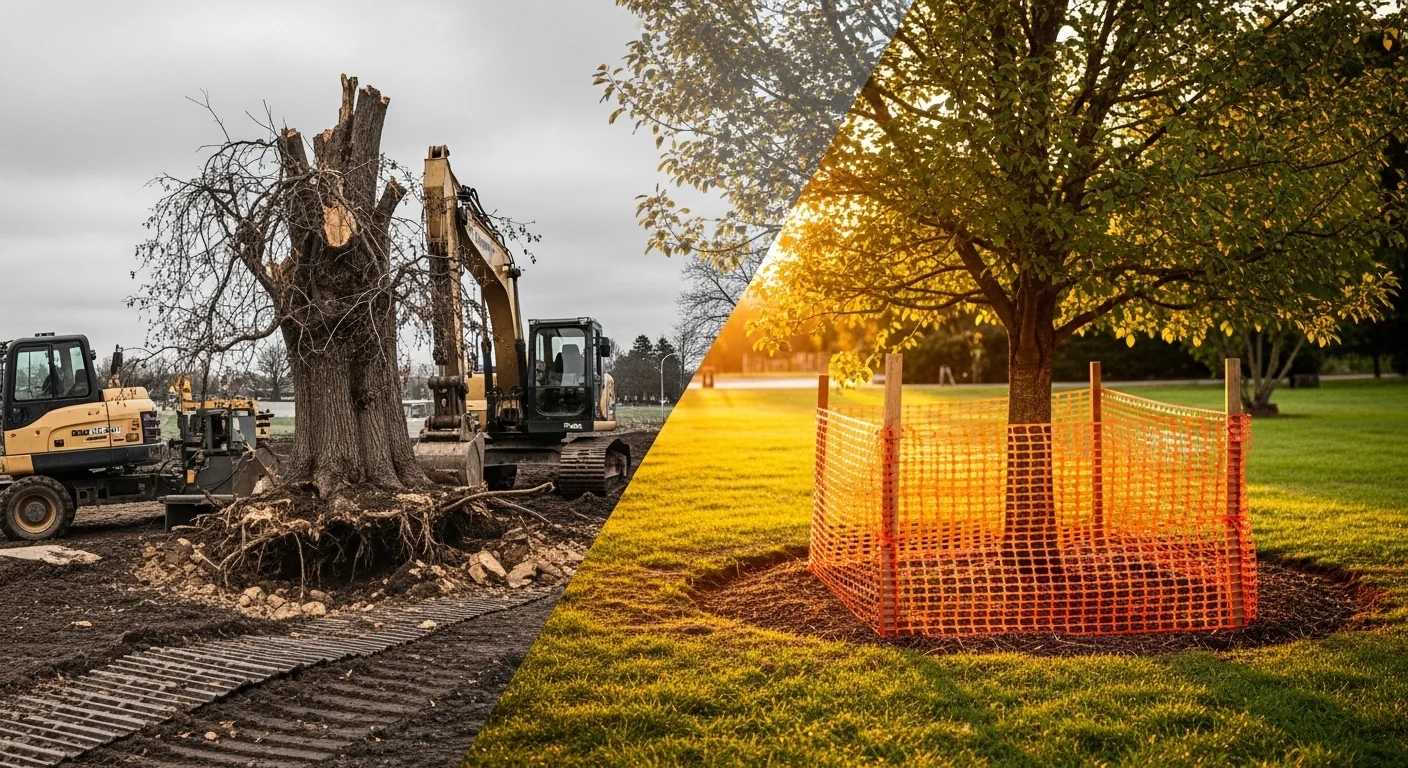 Tree root protection calculator showing damaged unprotected tree versus healthy fenced CRZ zone