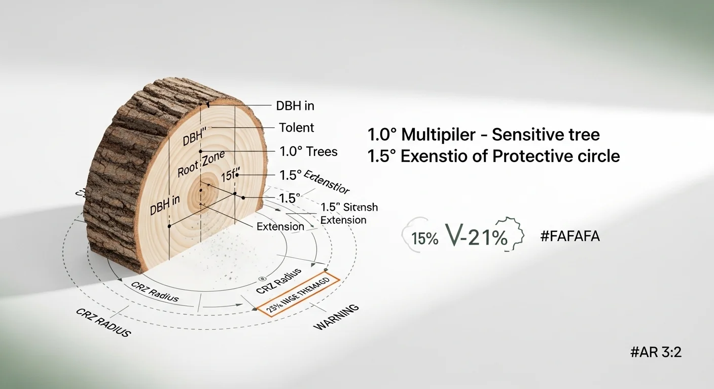 Tree root protection calculator secret sauce diagram showing DBH to CRZ radius multiplier conversion