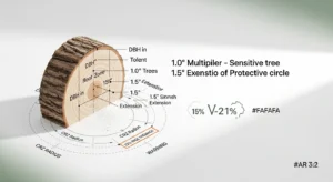 Tree root protection calculator secret sauce diagram showing DBH to CRZ radius multiplier conversion