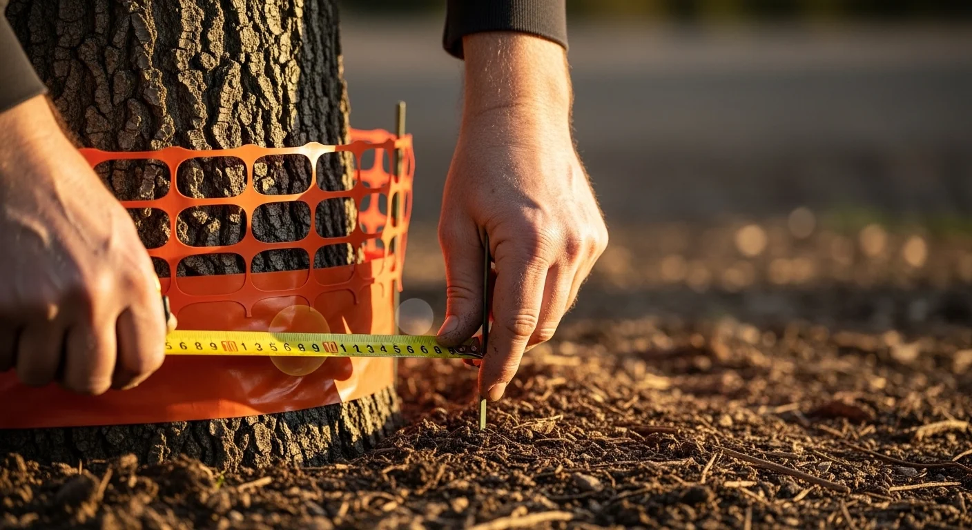 Tree root protection calculator guiding hands installing fencing at exact CRZ radius from tree trunk