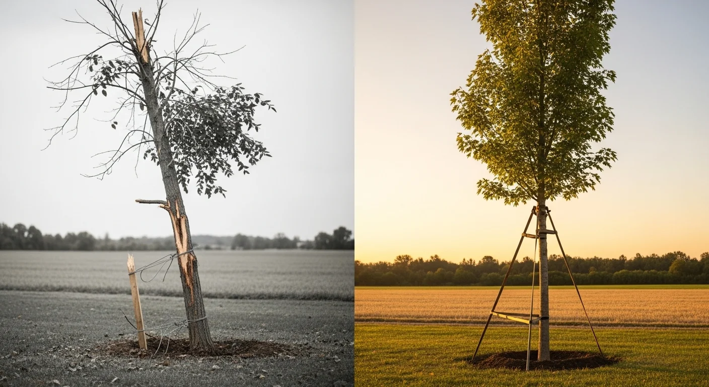 Tree staking tension calculator shows failed leaning tree versus properly guy-wired healthy straight tree